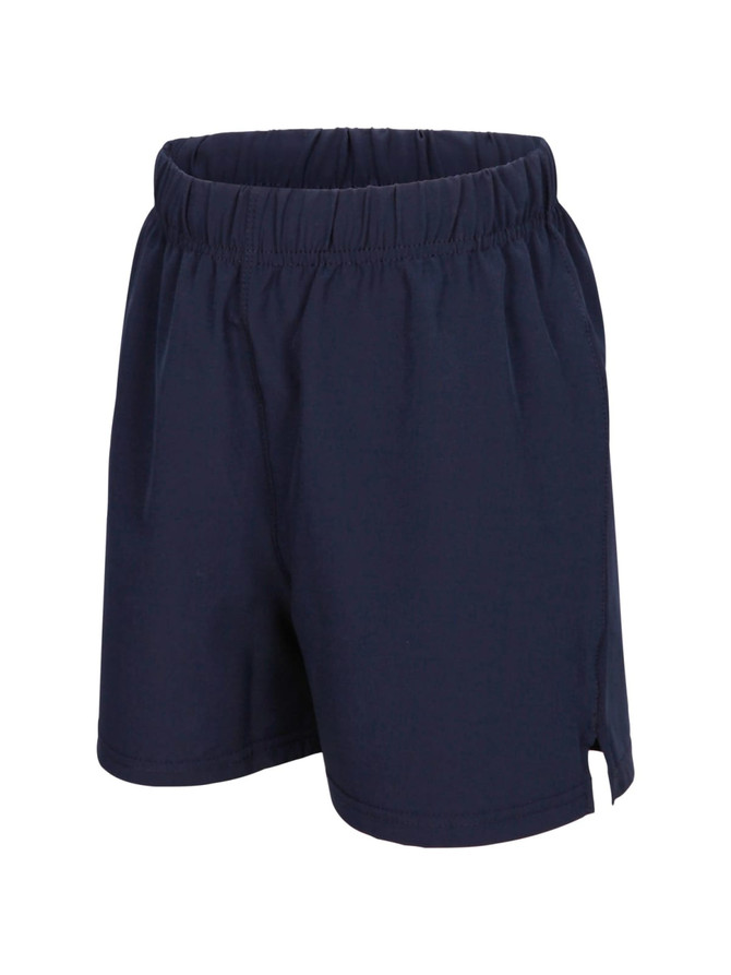 Navy blue kids' FLEX shorts featuring a comfortable elastic waistband and a four-way stretch design.