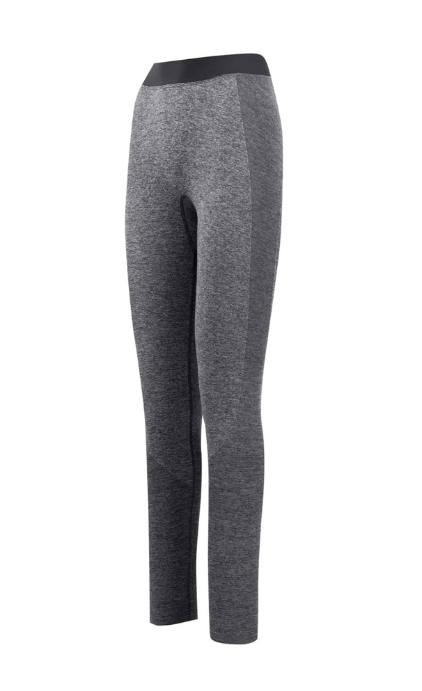A pair of seamless leggings in grey with a black waistband. The leggings have a form-fitting design. A pair of seamless leggings in grey with a black waistband. The leggings have a form-fitting design.
