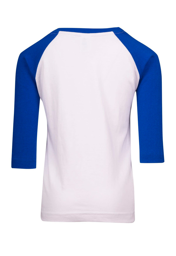 A kids' 3/4 raglan sleeve T-shirt featuring a white body and blue sleeves. It has a logo on the back.