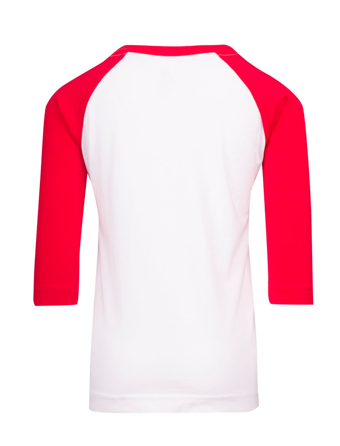 A kids' 3/4 raglan sleeve T-shirt featuring red sleeves and a white body. The shirt has a branding logo.