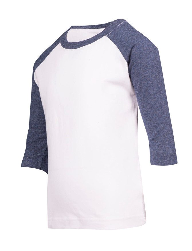 A white t-shirt with blue raglan sleeves, featuring a simple design and a logo on the sleeve.