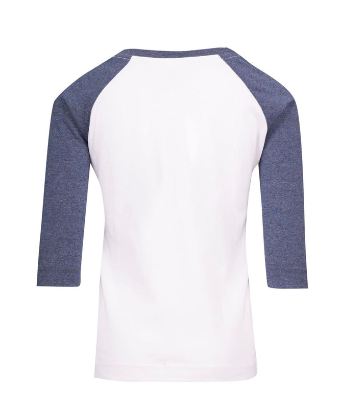 A 3/4 raglan sleeve T-shirt featuring a white body and navy blue sleeves, with a branding logo on the back.