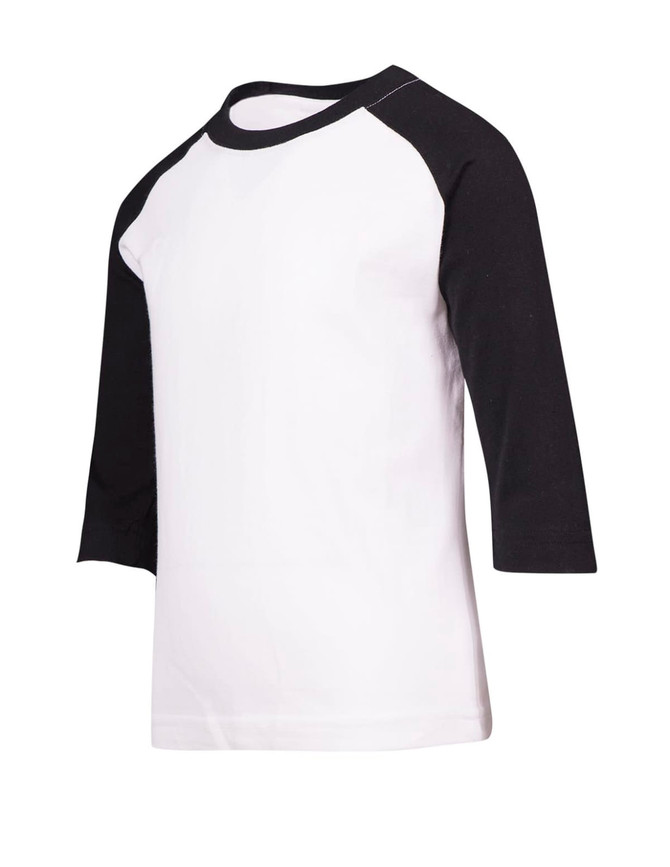 A kids' 3/4 raglan sleeve T-shirt featuring black sleeves and a white body. It has a simple design and a logo.