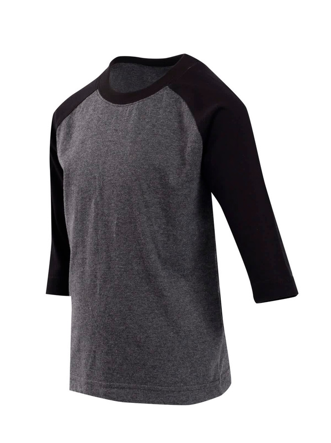 A grey and black kids' 3/4 raglan sleeve T-shirt with a simple design and a logo on the front.