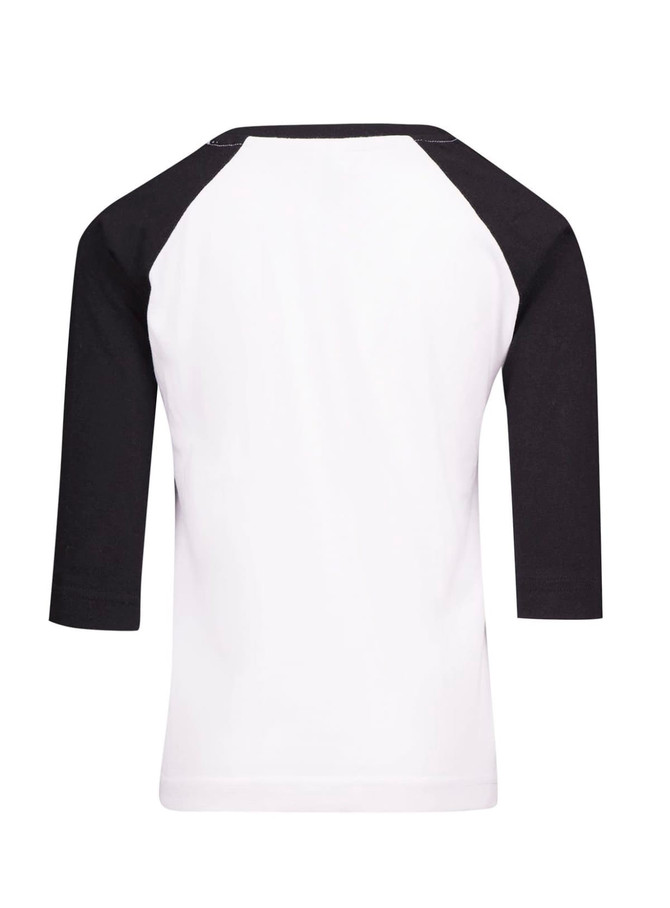 A 3/4 raglan sleeve T-shirt featuring a white body and black sleeves, with a logo visible.