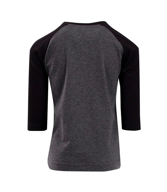 A grey 3/4 raglan sleeve T-shirt with black sleeves and a simple back design. It features a branding logo.