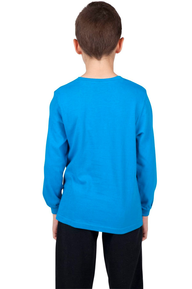 A long-sleeve T-shirt in bright blue, displayed from the back on a child. Features a simple design with a logo.