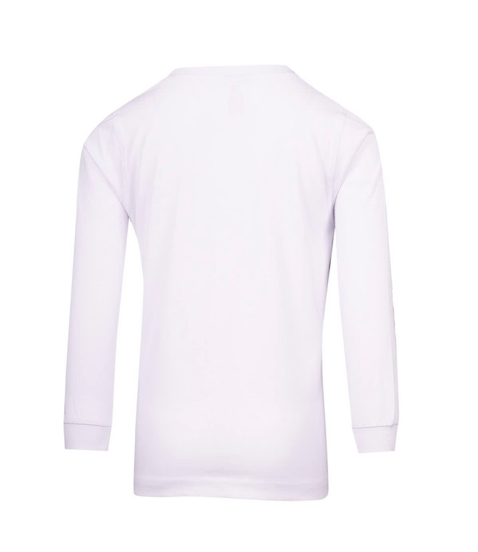 A white kid's long sleeve T-shirt featuring a smooth back design and fitted cuffs. It has a logo on one sleeve.
