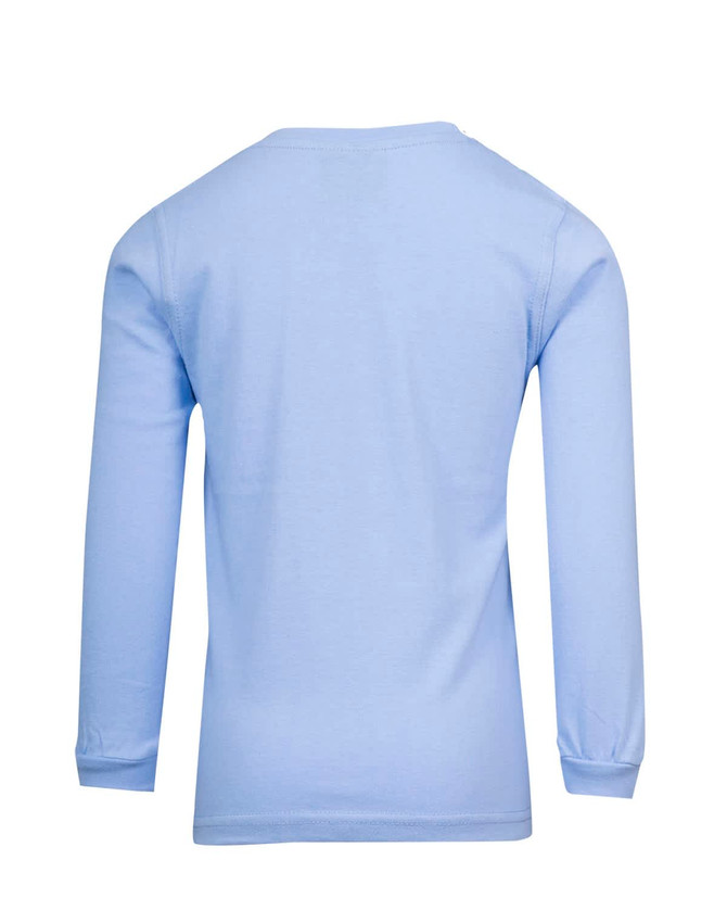 A light blue long sleeve t-shirt for kids, featuring a simple design and logo on the back.