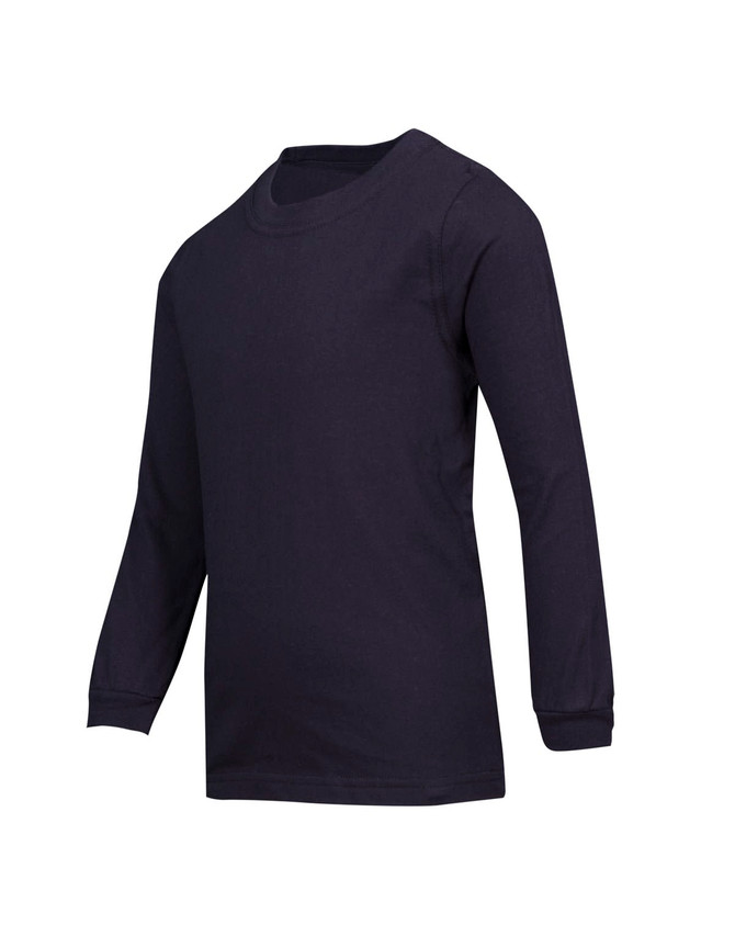 A navy long sleeve T-shirt for kids with a round neck and fitted sleeves. It has a simple design. A navy long sleeve T-shirt for kids with a round neck and fitted sleeves. It has a simple design.
