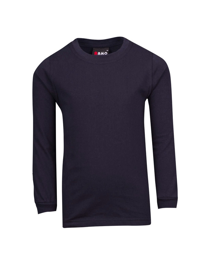 A navy long sleeve T-shirt for kids, featuring a round neckline and a brand logo. A navy long sleeve T-shirt for kids, featuring a round neckline and a brand logo.