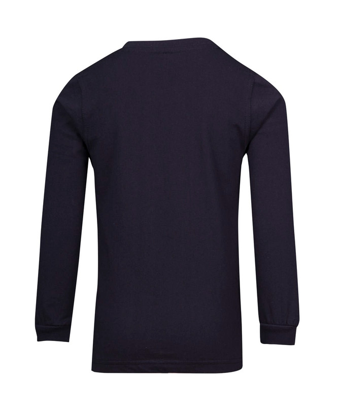 A black long sleeve T-shirt for kids, featuring a simple design and a round neckline. A black long sleeve T-shirt for kids, featuring a simple design and a round neckline.