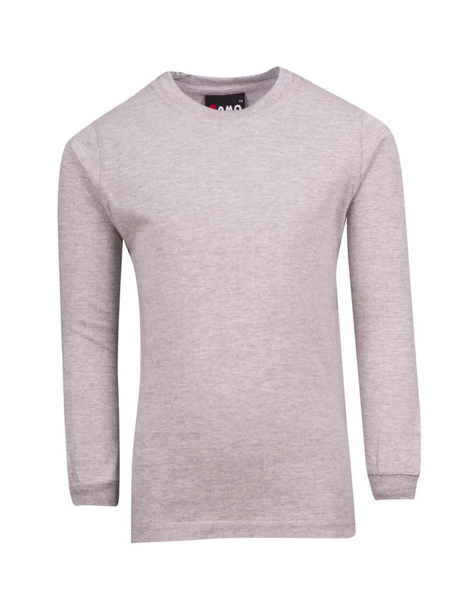 A grey long sleeve T-shirt for kids, featuring a round neck and a branded label at the neckline. A grey long sleeve T-shirt for kids, featuring a round neck and a branded label at the neckline.