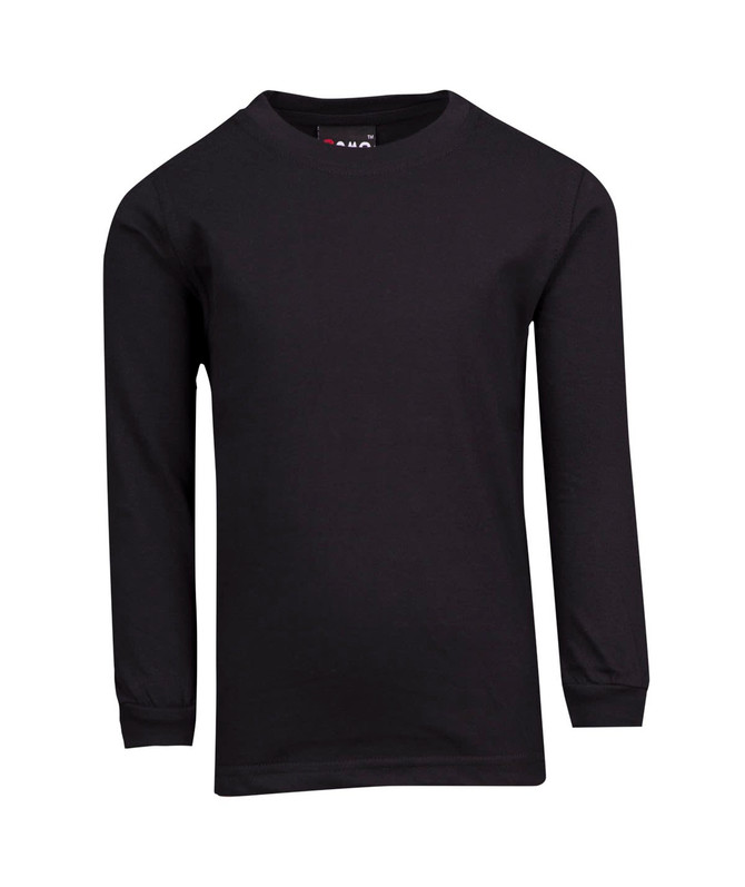 A black long sleeve T-shirt for kids, featuring a simple design and soft fabric. It has a branding logo on the tag. A black long sleeve T-shirt for kids, featuring a simple design and soft fabric. It has a branding logo on the tag.