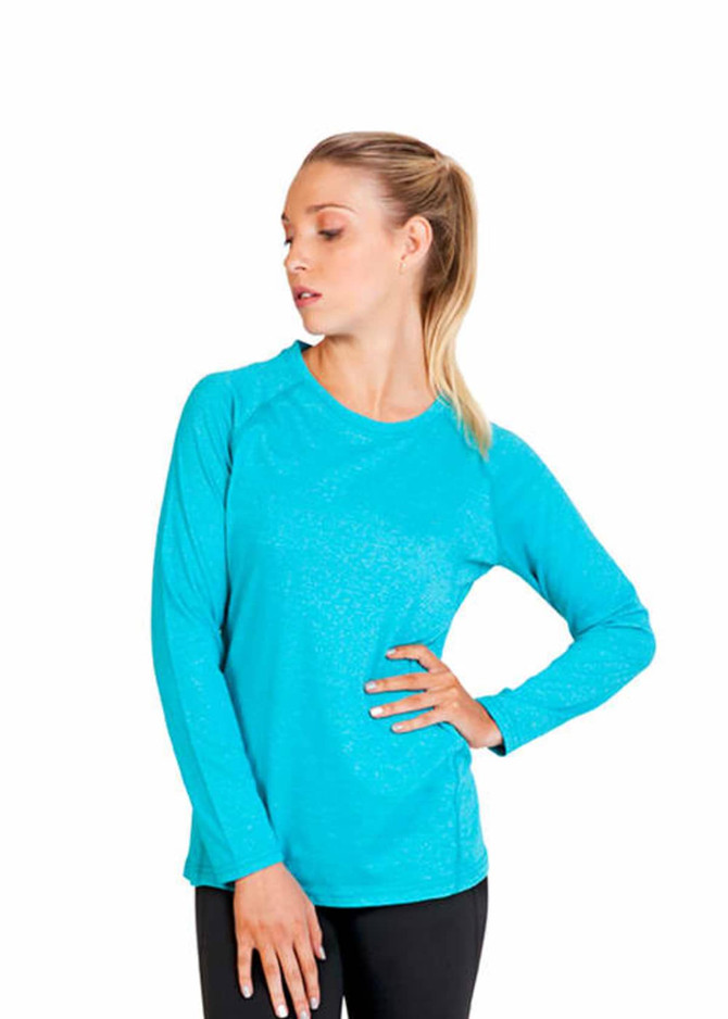 A bright aqua long sleeve T-shirt for women, featuring a fitted design and a subtle shimmer effect. A bright aqua long sleeve T-shirt for women, featuring a fitted design and a subtle shimmer effect.