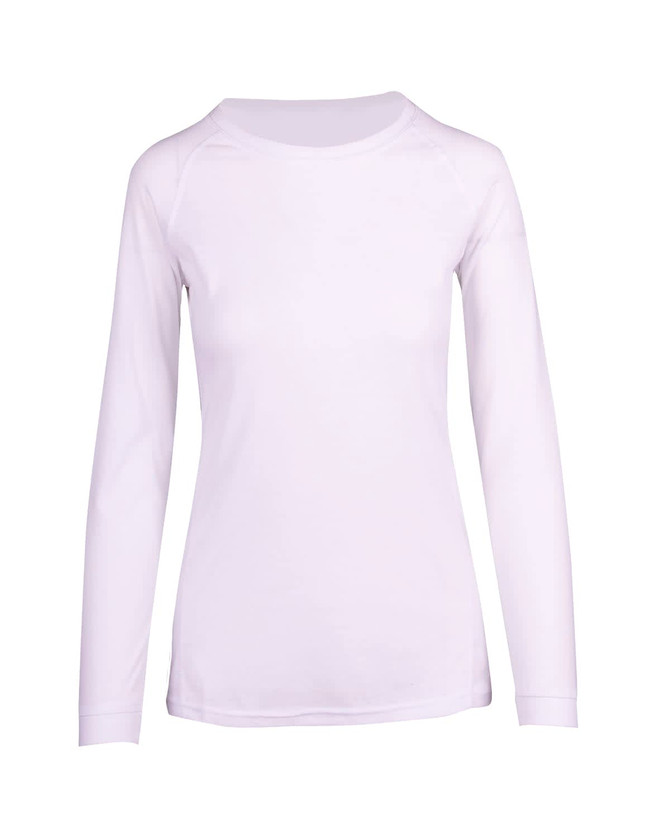 A white long sleeve T-shirt for women with a crew neckline and ribbed cuffs, featuring a logo.