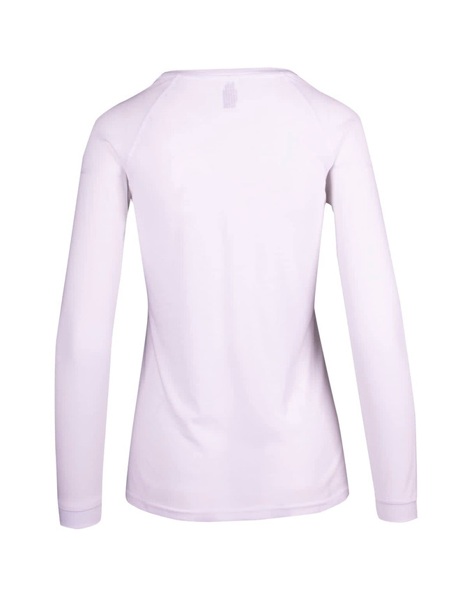 A white women's long sleeve T-shirt with a crew neckline and a logo on the back.