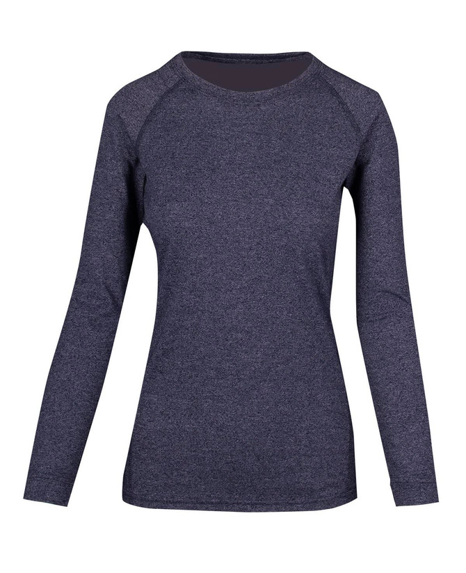 A long sleeve women's t-shirt in heather navy with a fitted design and raglan sleeves. It features a branding logo. A long sleeve women's t-shirt in heather navy with a fitted design and raglan sleeves. It features a branding logo.