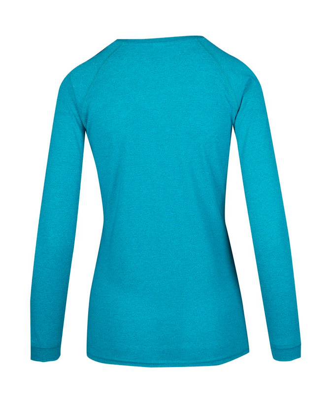 A heather teal long sleeve women's t-shirt with a simple design and a logo on the back.