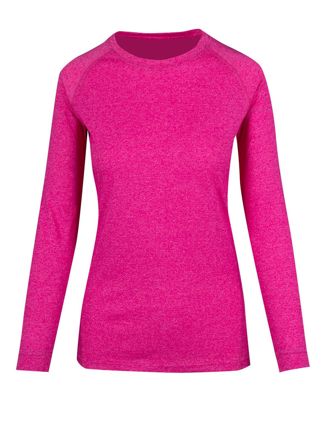 A women's long sleeve T-shirt in heather pink, featuring a round neckline and a logo.