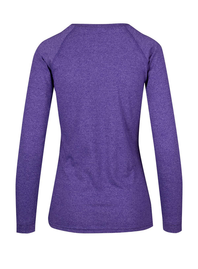 A long sleeve shirt in heather purple with a fitted design and a logo on the back.