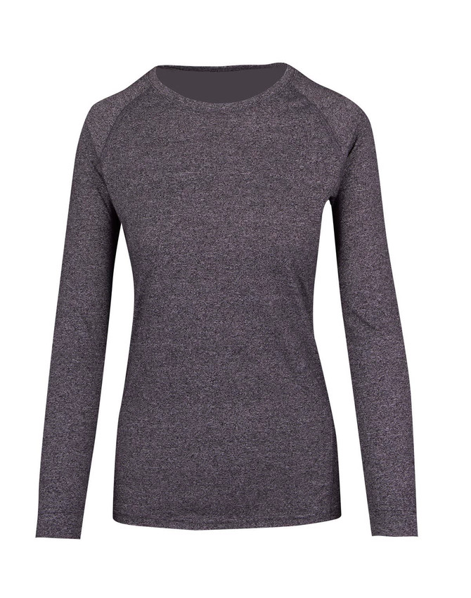A long-sleeve women's T-shirt in heather grey with a fitted design and raglan sleeves. It has a branding logo. A long-sleeve women's T-shirt in heather grey with a fitted design and raglan sleeves. It has a branding logo.