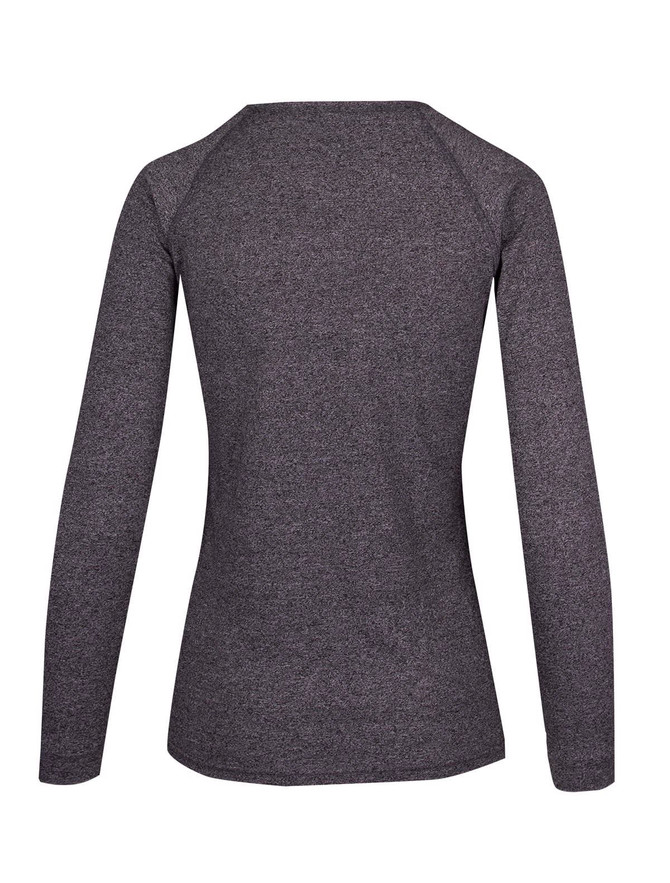 A long-sleeve women's t-shirt in heather grey with a fitted design and raglan sleeves. Features a logo on the back. A long-sleeve women's t-shirt in heather grey with a fitted design and raglan sleeves. Features a logo on the back.