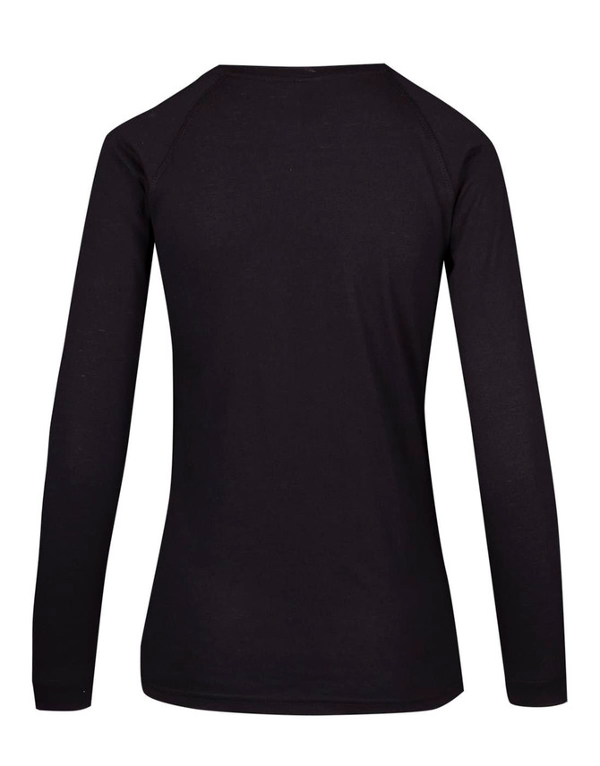 A black long sleeve T-shirt with a fitted design and raglan sleeves. The back view shows a smooth fabric finish.