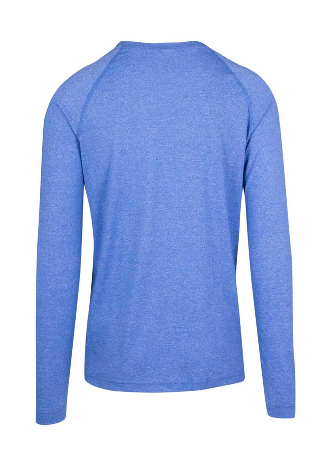 A blue heather long sleeve T-shirt with a rounded neckline and raglan sleeves, featuring a logo on the back. A blue heather long sleeve T-shirt with a rounded neckline and raglan sleeves, featuring a logo on the back.