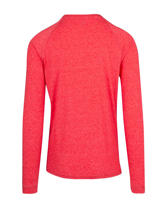 A red long sleeve unisex T-shirt with a heather texture and a simple back design. It has a logo.