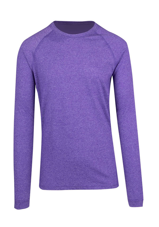 A purple long sleeve T-shirt with a heathered texture and raglan sleeves, featuring a logo.