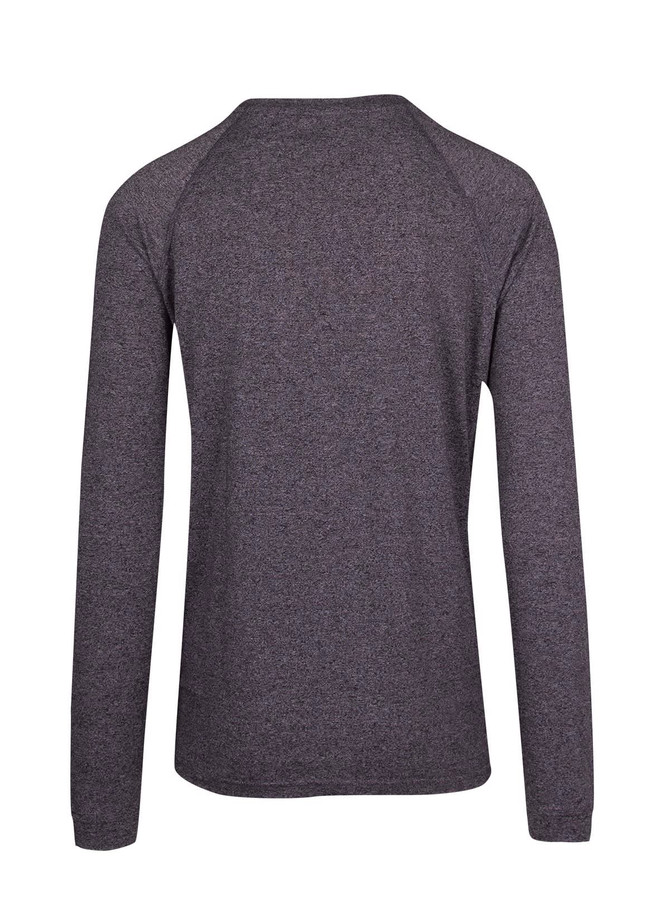 A grey long sleeve T-shirt with a simple design and a raglan style. It features a logo.