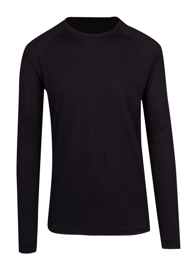 A black long sleeve T-shirt with a crew neckline and raglan sleeves, featuring a logo. A black long sleeve T-shirt with a crew neckline and raglan sleeves, featuring a logo.