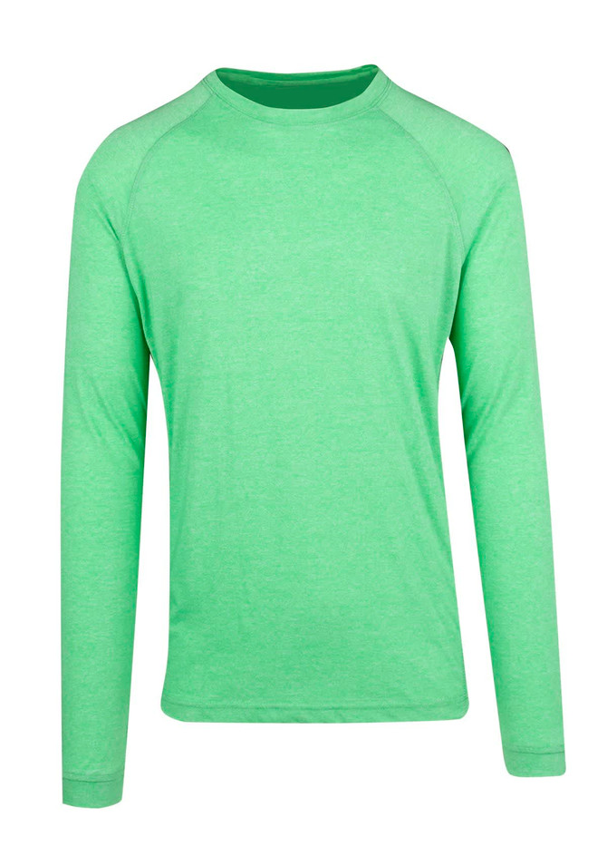 A green long sleeve T-shirt with a simple design, featuring a round neckline and a branded logo. A green long sleeve T-shirt with a simple design, featuring a round neckline and a branded logo.