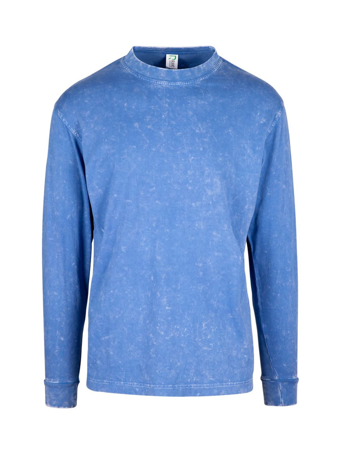 A blue stone wash long sleeve T-shirt featuring a round neckline and cuffs, with a logo on the label.