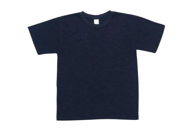 A navy blue Kids Bamboo Cotton T-shirt with short sleeves and a crew neckline. It features a brand logo on the label. A navy blue Kids Bamboo Cotton T-shirt with short sleeves and a crew neckline. It features a brand logo on the label.