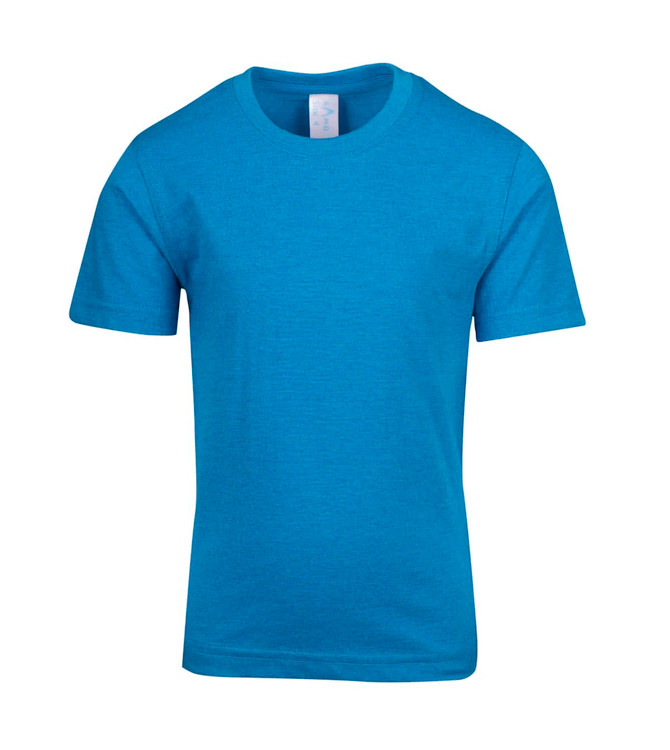 A blue kids' crew neck T-shirt with short sleeves and a tag inside. Features a logo on the collar.