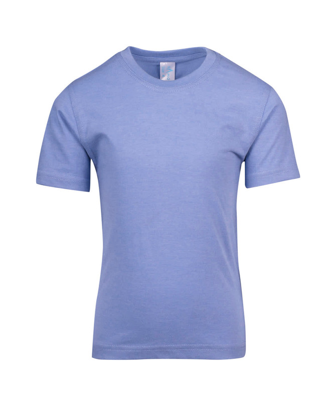 A light blue crew neck T-shirt for kids, featuring short sleeves and a logo at the neck.