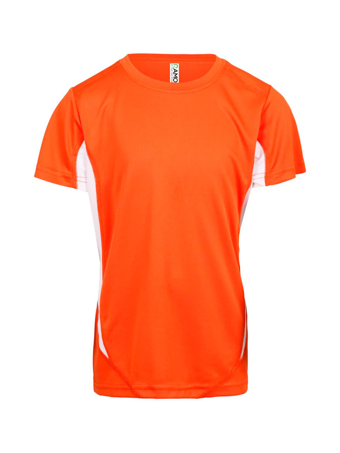 An orange t-shirt with white accents, featuring short sleeves and a branded logo.