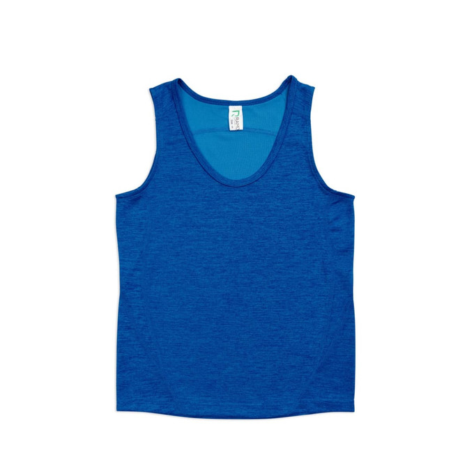 A blue singlet made of 100% polyester with a scoop neckline and a logo.