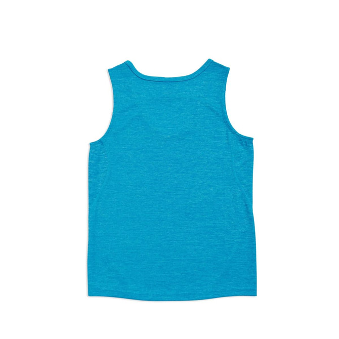 A blue kids' singlet made from 100% polyester, featuring a simple design and no visible logos.