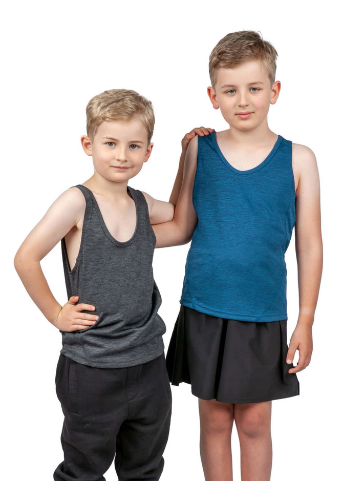 A grey and a blue kids' polyester singlet worn by two children, standing side by side. The singlets have a logo.