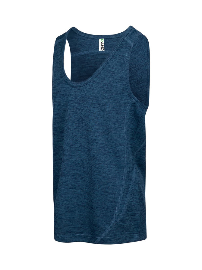 A blue polyester singlet with a textured design and a logo, suitable for kids' wear. A blue polyester singlet with a textured design and a logo, suitable for kids' wear.