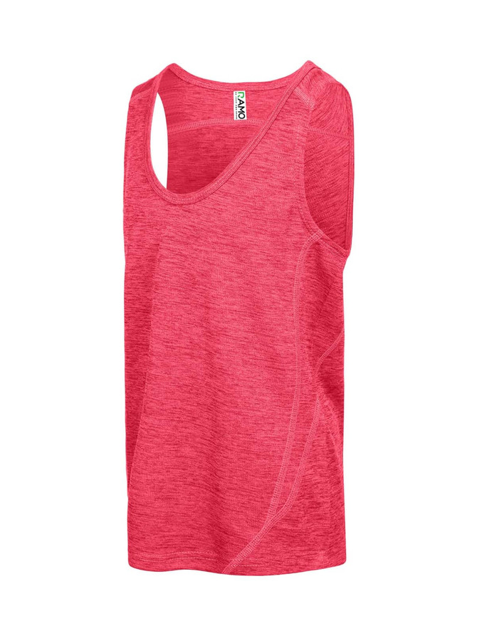 A red children's polyester singlet with a sleeveless design and a logo. A red children's polyester singlet with a sleeveless design and a logo.