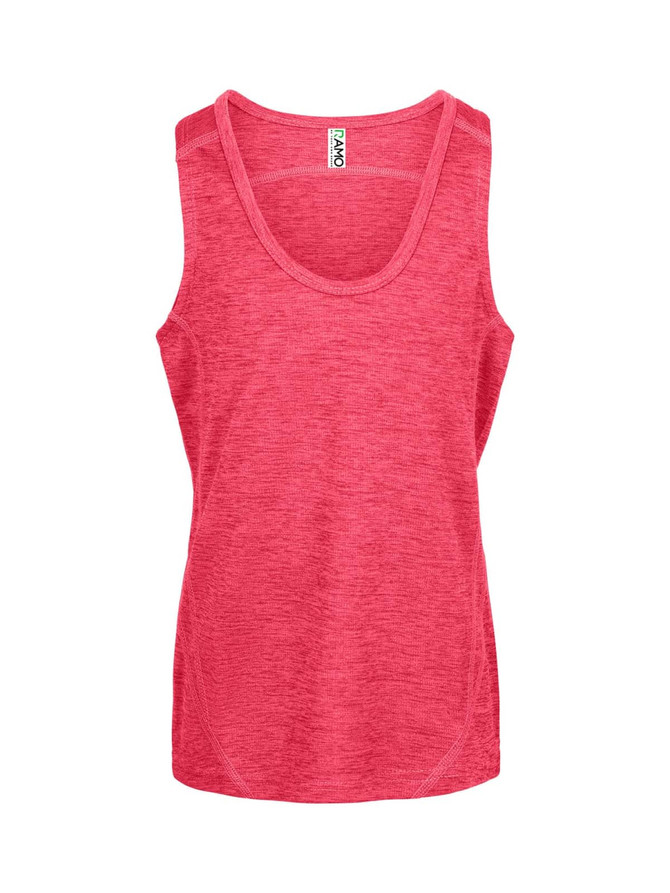 A bright pink polyester singlet with a scooped neckline and a fitted design. It features a logo on the label.