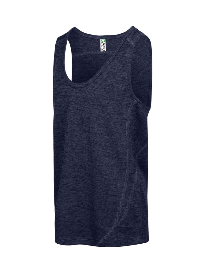 A navy blue kids' singlet made of 100% polyester, featuring a logo and a modern design.