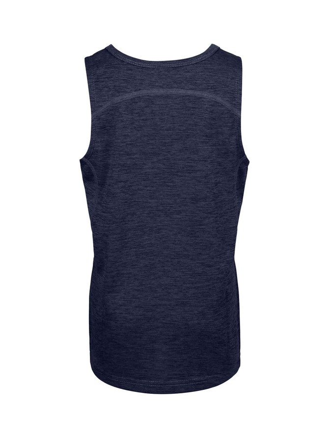 A navy blue kids' singlet made of 100% polyester, featuring a simple back design and a logo. A navy blue kids' singlet made of 100% polyester, featuring a simple back design and a logo.