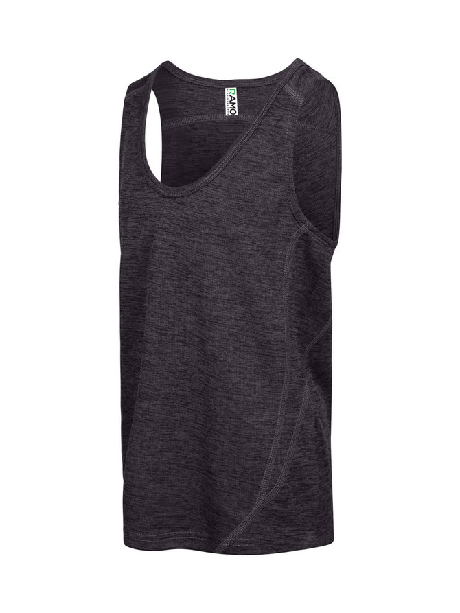 A black polyester singlet featuring a logo and a stylish design. Suitable for activewear.