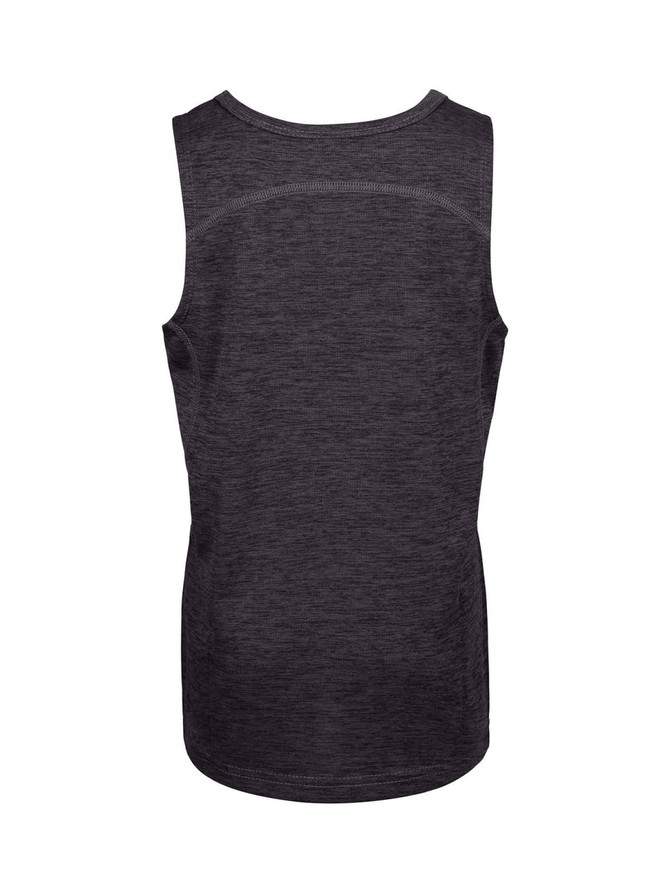 A black 100% polyester singlet for kids, featuring a smooth back design and a logo.