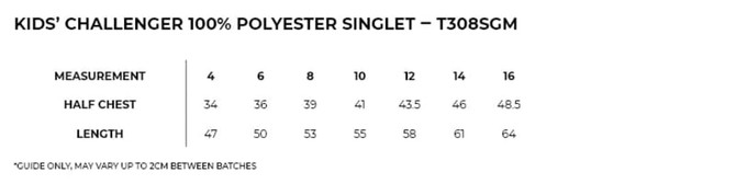 A chart displaying measurements for a Kids' Challenger 100% polyester singlet in various sizes. A chart displaying measurements for a Kids' Challenger 100% polyester singlet in various sizes.